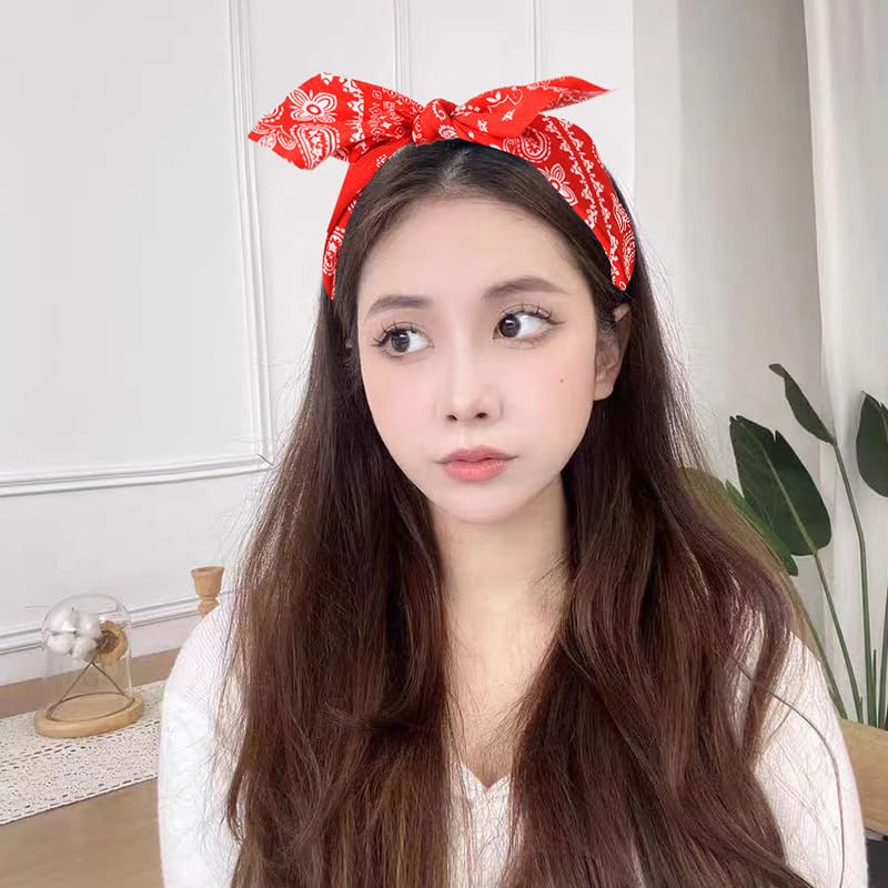 Red Boho Paisley Bandana Hair Bands with Knotted Bow and Rabbit Ear Headbands for Women and Girls - Non-Slip Headbands - color: red