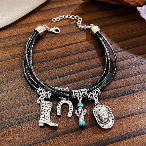 Western Outfit for Women Bohemian Vintage Stackable Turquoise Bracelet Rustic Beaded Cow Head Charm Stretch Bracelet Western Jewelry Country Concert Outfits for Women - style: Style5