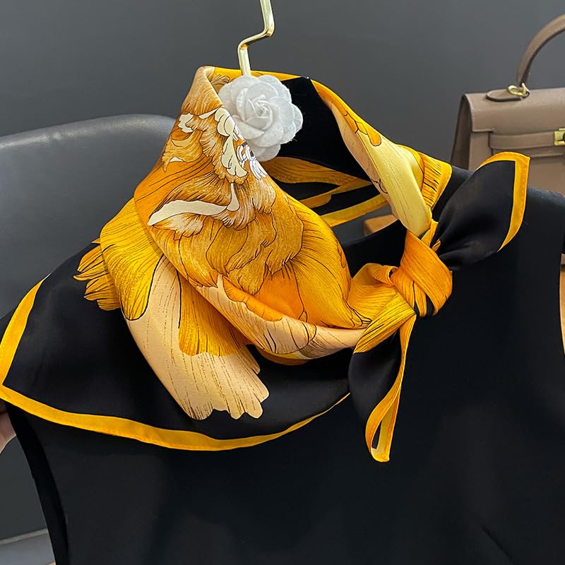 FEIBOON Mulberry Silk Scarfs Neck Scarf 21" Small Square Scarfs hair scarf bandana Neckerchief Headscarf for Women - color: Orange Flower