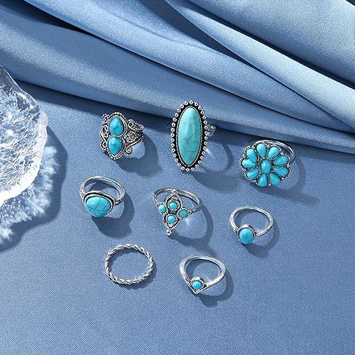 Bohemian Turquoise Ring for Women Stackable Vintage Chunky Boho Turquoise Ring Set Dainty Open Gemstone Knuckle Midi Finger Rings Western Statement Rings Jewelry - style: eight ring