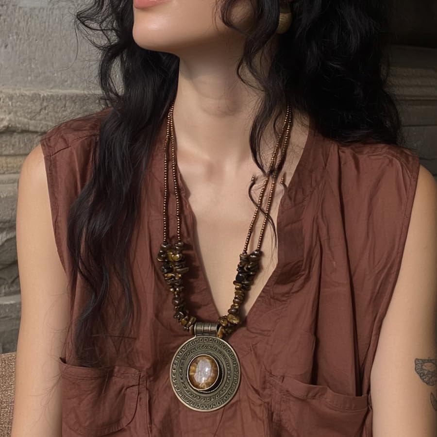 Bohemian Vintage Pendant Necklace Aesthetic Boho Chunky Adjustable Stacked Necklace for Woman Ethnic Tribal Jewelry - style: Bohemian 1