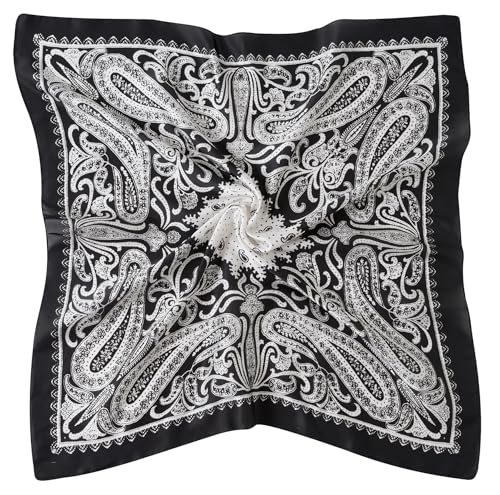 CHUNG Women's Scarf Hair Bandanas Square 27.5" Satin Wrap Fashion Pattern Scarves Emulation Silk Handbag Ribbons Necktie - color: Black Paisley