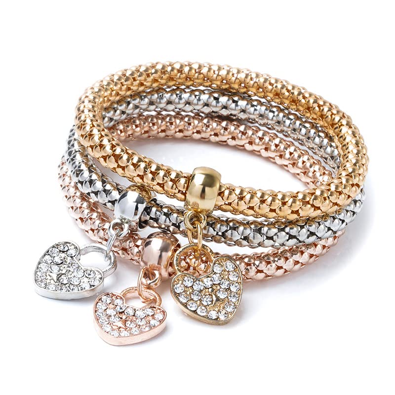 Alegend Titanium Steel (Not Rust, Resist Corruption, Easily Clean) 18K Gold Plated Single Bracelets + 14K Gold Plated Stackable Multilayer Bracelets - style: 14KGold Heart-Shaped Diamond-Inlaid