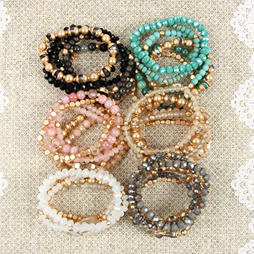 RIAH FASHION Bohemian Acrylic Druzy Multi-Layer Bead Statement Bracelet - Versatile Faux Stone Pendant Stretch Strand Stackable Cuff Bangle Set Sparkly Crystal - color: Bohemian Oval Druzy Set - Turquoise