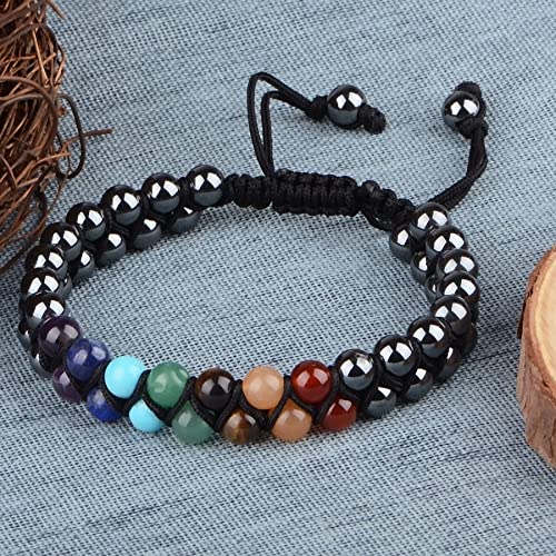 MASSIVE BEADS Double Layer Natural Chakra Healing Power Crystals Macrame Bracelet Yoga Stone Beads Gemstone Meditation Relax Anxiety Bangle for Unisex Women Men - color: 7-Chakras&Hematite, size: 4mm