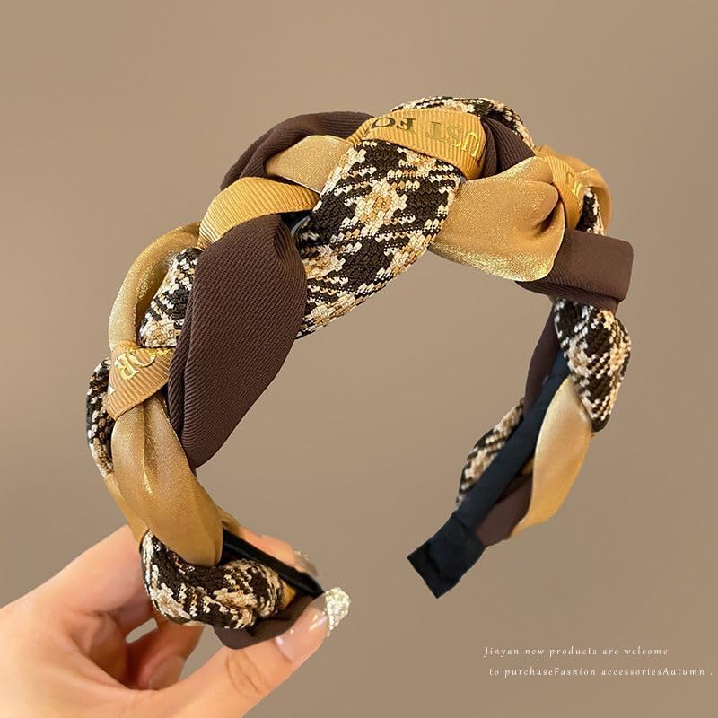 Braided Headband for Women-Vintage Fabric High Crown Headband with Non-Slip Teeth, Cute Boho Knotted Hair Band for Women & Teens (32-Coffee, One Size) - color: 32-Coffee