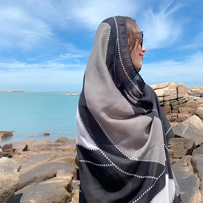 WaJuemy Travel Boho Scarf for Women Casual Lightweight Pashmina Scarves Fashion Multicolor Shawl Wraps with Fringed Beads - color: 04 Black/Grey