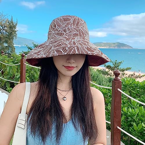 HUAMULAN Women Summer Sun Hat Wide Brim Wired Edge Floral Beach Bucket Hats Reversible Foldable Travel UV Protection Lady Hat - color: M2246-jiuhong