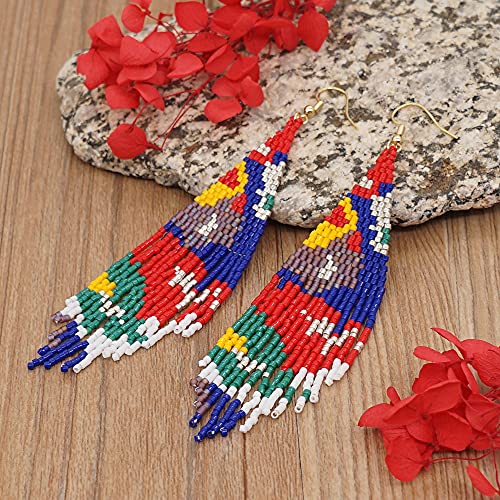Flower Black Beaded Long Tassel Western Native American Earrings For Women Dangling - color: blue