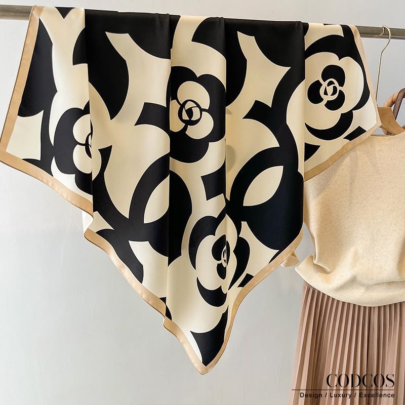 Women's Square Silk Like Head Scarf Large 35 inch Silk Feeling Hair Wrapping Satin Scarves for Sleeping Bandanas - color: A004-1 Twill Flower Rice White