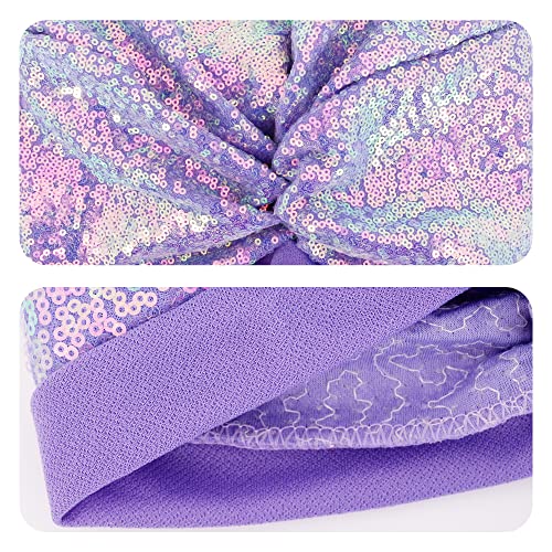 Erinaco Women Sparkle Sequin African Turban Bow Knot Pre-Tied Cap Pleated Ruffle Bonnet Beanie Hat Headwrap Skull Caps - color: Sparkle Light Purple
