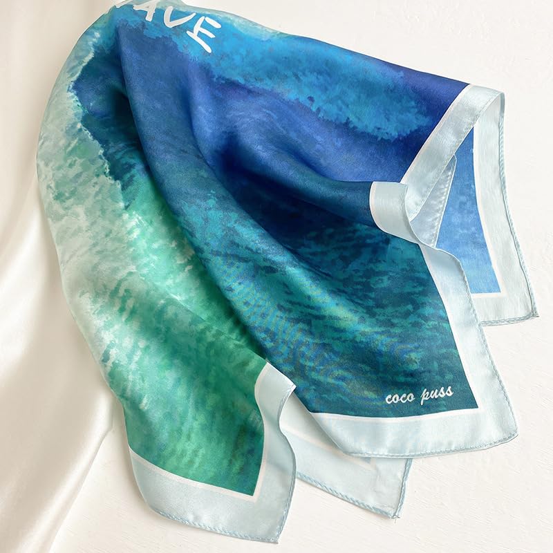 MEISEE 100% Pure Mulberry Silk Scarf 21" Square Scarf Neckerchief Headscarf Breathable Lightweight for Women Gift Packed - color: M3 Blue Oil Painting