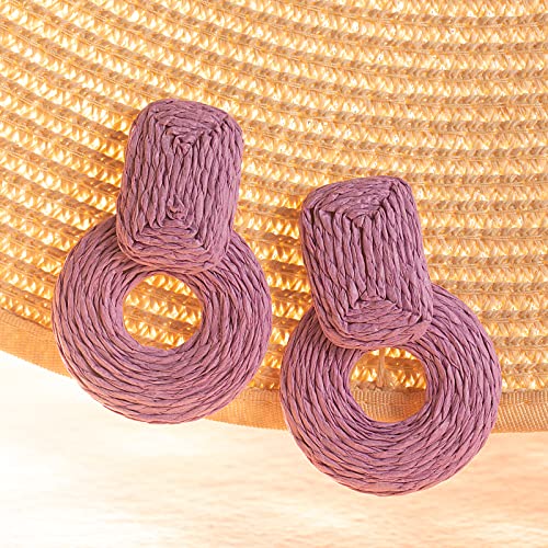 Statement Raffia Earrings Cute Boho Earrings Rattan Dangle Earrings Handmade Straw Wrap Earrings Summer Drop Dangling Earrings for Women Teen Girls - color: Purple