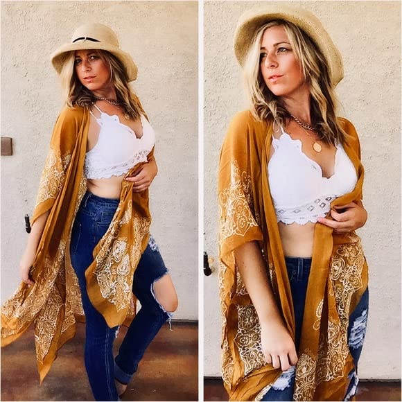 Breezy Lane Kimonos for Women Swimsuit Coverups Beach Cover Up Swimwear Cardigan Summer - color: A Mustard Print
