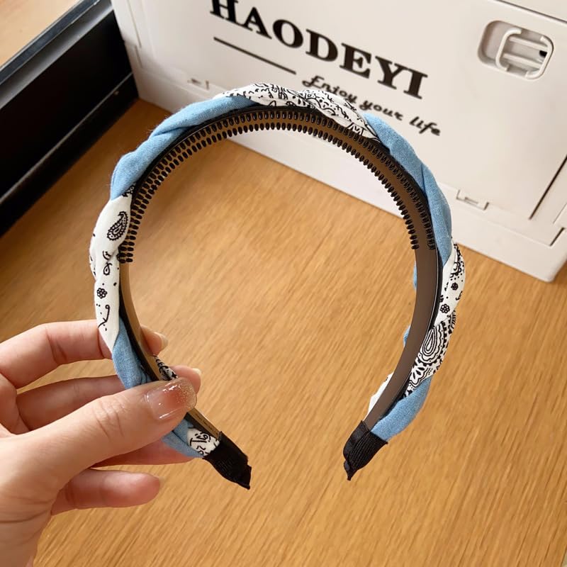 Braided Headband for Women-Vintage Fabric High Crown Headband with Non-Slip Teeth, Cute Boho Knotted Hair Band for Women & Teens (13-Blue White, One Size) - color: 13-Blue White