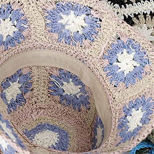Women Straw Sun Hat Floral Woven Crochet Bucket Hat Y2k Aesthetic Accessories Beach Hat Hand Woven Boho Foldable Cap - color: Lake