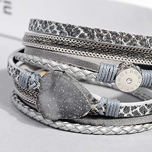 Artilady Leather Wrap Bracelets for Women - Pearl Bracelets Handmade Clasp Bangle Bracelet with Beads Jewelry Gift for Women and Mother - style: Grey with druzy