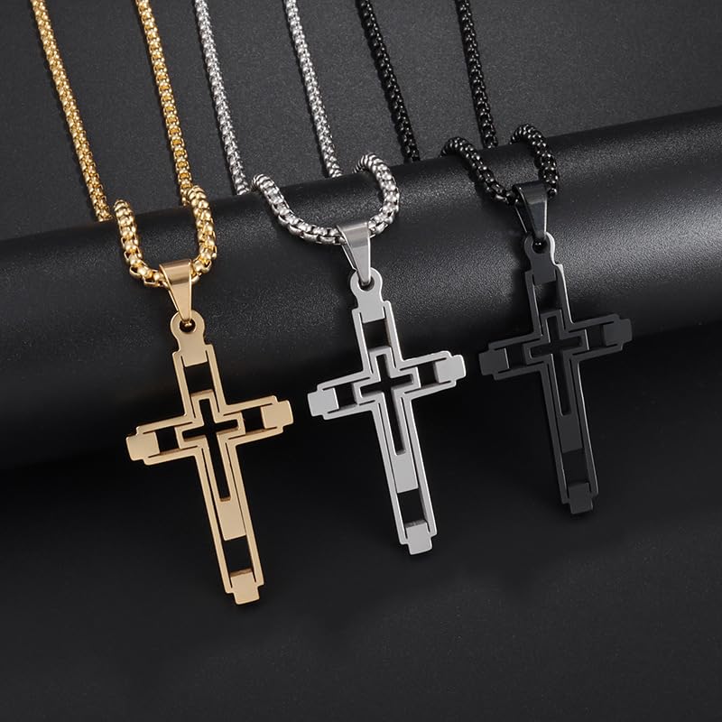 Bohemian style hollow fashion double cross stainless steel pendant necklace, suitable for men and women for daily casual fashion party gatherings religious amulets jewelry accessories gifts - color: Color: Silver