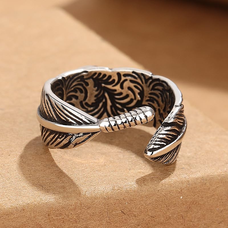 Retro Angel Wing Ring Adjustable Feather Silver Gold Antique Jewelry for Women Men Dainty Wrap Open Thumb Rings for Women Open Punk Birthday Gift Friendship - style: Stone Feather