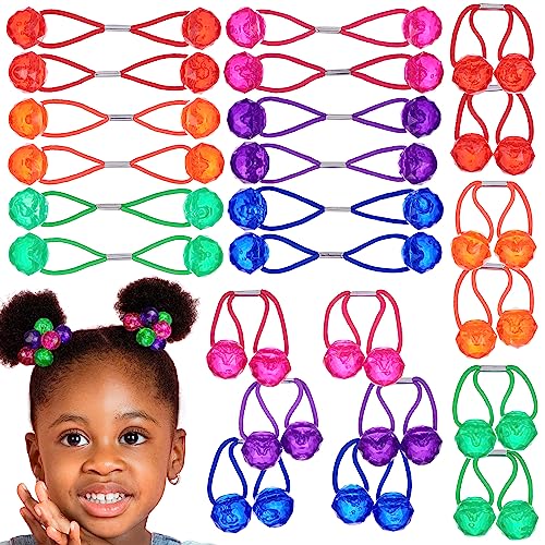 24pc Ponytailers Ponytail Balls Hair Elastics, 16mm-Value Pack | Diamond-Cut Gem-Shaped Bright Multicolored Twin Hair Beads Bauble Hair Ties Ponytail Holders, Toddler Kids Hair Ties,- Pack - color: FACETED