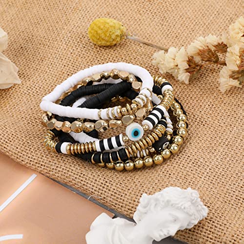 Colorful Heishi Surfer Bracelets Set for Women Stackable Clay Beaded Bracelets Disc Stretch Preppy Bracelets Smiley Face Friendship Bracelets Team Cheer Bulk Boho Summer Beach Jewelry Gift - color: Black and White