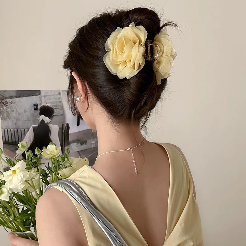 Large Chiffon Rose Flower Hair Claw Clips Boho Mesh Floral Hair Pins Barrettes Strong Hold Non-Slip Beach Vacation Hair Accessories for Women (Yellow Rose Flower Hair Clips) - color: Yellow Rose Flower Hair Clips