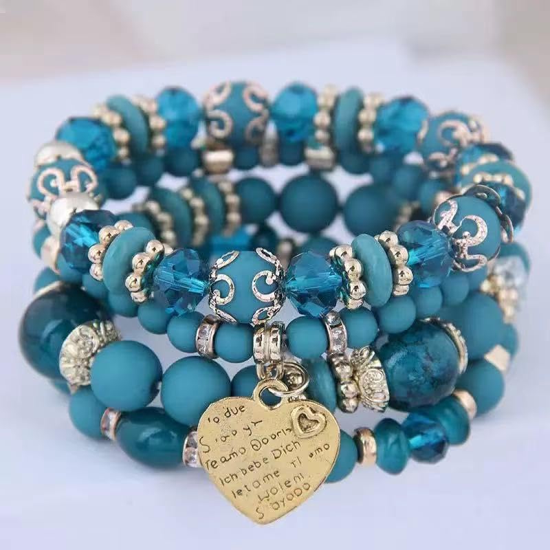Nyx&lvy Pink Crystal Beaded Stretch Bracelet Set with Gold Heart Charm, Multi-Strand Fashion Jewelry for Women - style: blue