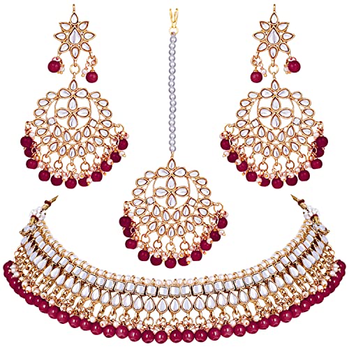 Aheli Faux Kundan Beaded Necklace Earrings Maang Tikka Indian Bollywood Ethnic Jewelry Set Gift for Women - color: Maroon
