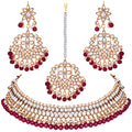 Aheli Faux Kundan Beaded Necklace Earrings Maang Tikka Indian Bollywood Ethnic Jewelry Set Gift for Women - color: Maroon
