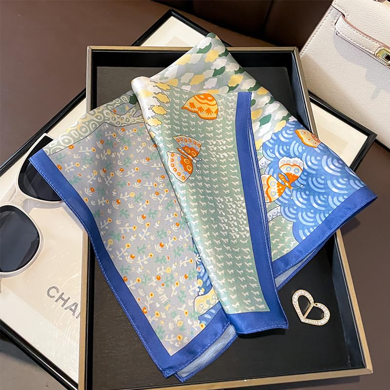 FEIBOON Mulberry Silk Scarfs Neck Scarf 21" Small Square Scarfs hair scarf bandana Neckerchief Headscarf for Women - color: Blue Yellow Green Trees