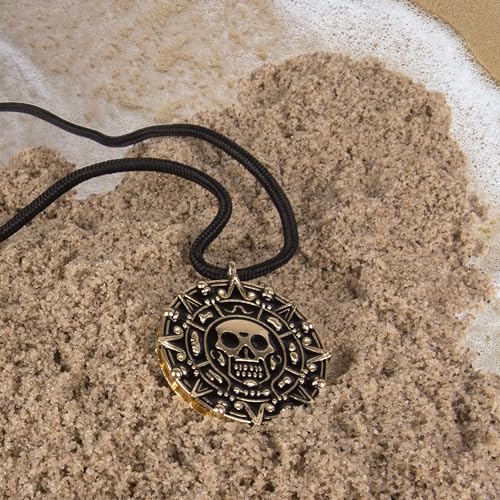 Giraffe Manufacturing Antique Coin Necklace - Medallion Skull Pendant with Black Cord Gold Pirate Accessories Women, Pirate Cosplay Halloween Jewelry for Women & Men for Costume Parties & Gifts