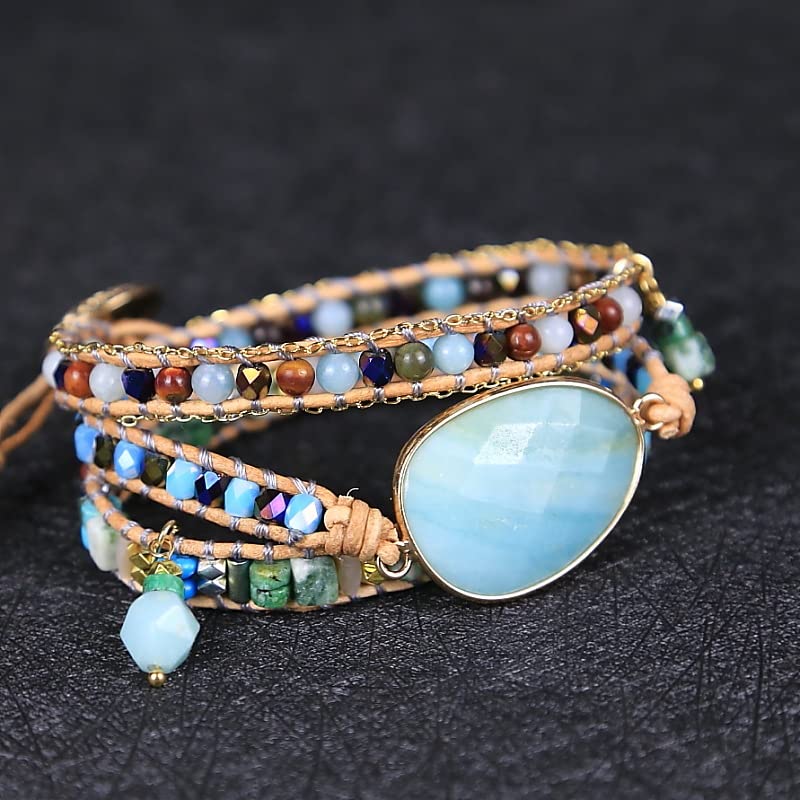 Women Wrap Bracelet Boho Natural Jasper Crystal Stone Beads Strand Bracelets - color: Amazonite