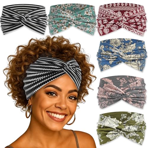 6 Pack Boho Wide Headbands for Women Wide Twist Knotted Head Wraps Turban Stretchy Leopard Hair Bands Elastic Non-Slip Workout Head Wraps Accessories - color: Multicolor-3