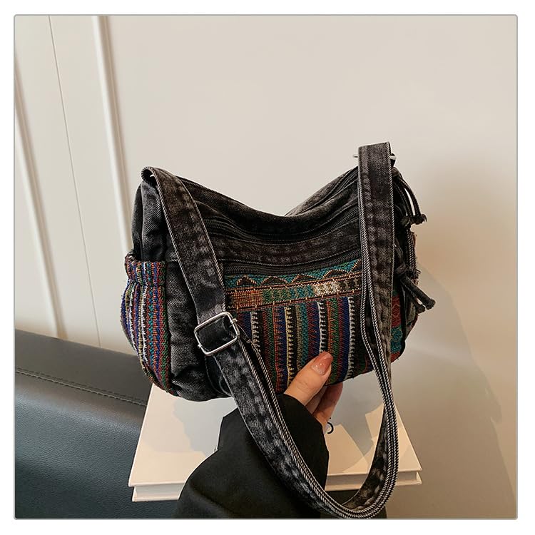 Hobo Crossbody Bags for Women, Boho Denim Purse Crossbody Bags, Adjustable Shoulder Straps with Lots of Pockets Hippie Purse, Fashion Travel Vintage Denim Bag