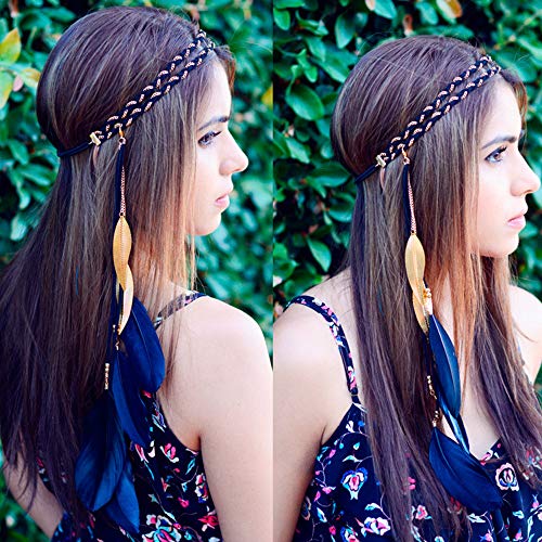 WLBON Halloween Boho Feather Headband Hippie Indian Leaf Hair Hoops Bands Tassel Bohemian Headpiece Hairband Women Xmas Wedding Festival Masquerade Cosplay Dress Up Birthday Party Accessories Beige - color: Beige Tone