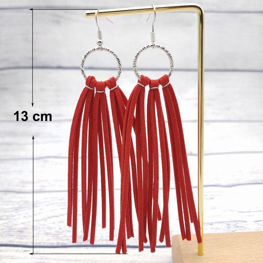 Bohemian Statement Light Weight Fringe Leather Earrrings Triangle Deerskin Leather Boho Western Statement Dangel Earrings for Women - color: Wine Red