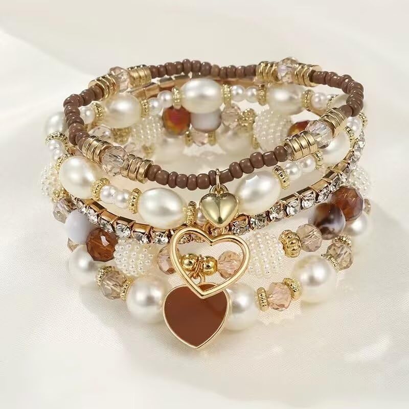 2 Pcs Western Jewelry for Women Bohemian Set, Boho Stackable Beaded Bracelets Vintage Round Disc Drop Earrings Stretch Brown Faux Pearl Heart Crystal Stretchy Bangles Prom