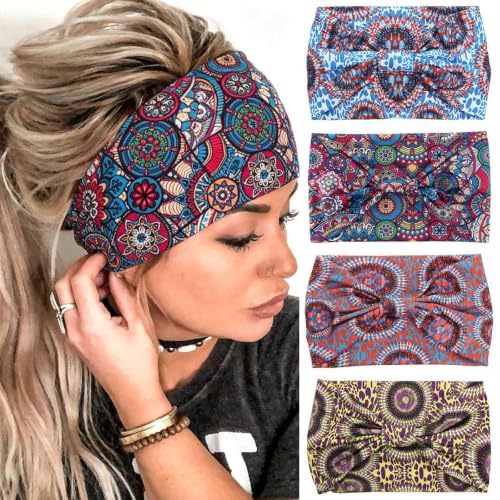 Acenail Boho Wide Headbands Knotted Hairbands Non Slip Printed Head Wraps Turban Workout Head Bands Elastic Yoga Hair Scarfs Bohemian Fashion Hair Accessories for Women 4Pcs (Fashion) - color: Fashion