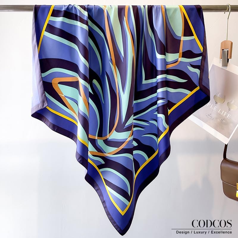 Women's Square Silk Like Head Scarf Large 35 inch Silk Feeling Hair Wrapping Satin Scarves for Sleeping Bandanas - color: A020-1 Twill Letter S Blue