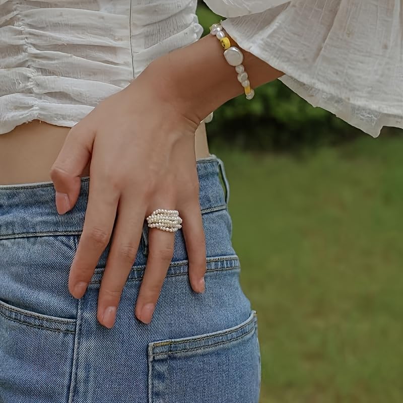 ZFAIRY 18K Gold Natural Freshwater Pearl Ring, Multi-Layer Baroque Rice Pearl Design, Hand-Woven Adjustable Statement Ring for Men and Women