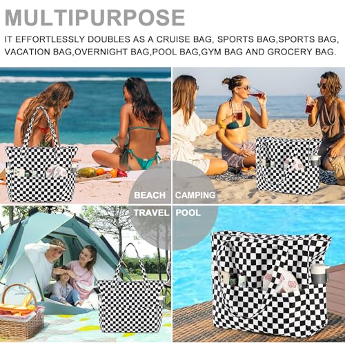 Bluboon Waterproof Beach Tote Pool Bags for Women Ladies Extra Large Carry On Bag With Wet Compartment for Weekender Travel - color: Checked Black White