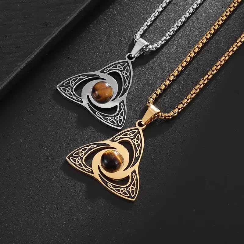 Irish Trinity Celtic Knot Power Stone Pendant Necklace Women Men Witches Knot Amulet Lucky Knot Jewelry - color: silvery