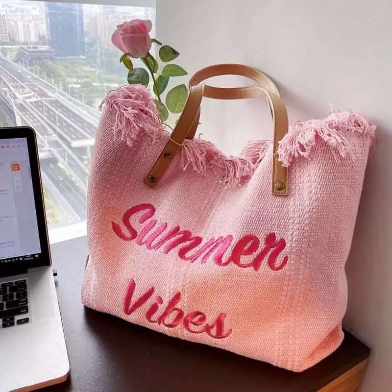 Personalized Embroidered Bridesmaid Tote Bag, Custom Large Women Vaction Travel - color: Pink