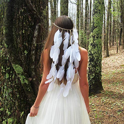 Feather Headband White Hippie Indian Boho Hair Bands Tassel Bohemian Halloween Hair Hoop Women Crown Hairband Party Decoration Headdress Cosplay Costume Headwear Headpiece Christmas Hair Accessories - color: White
