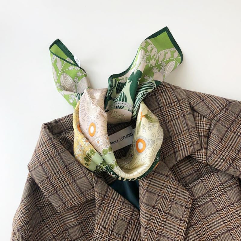 FEIBOON Mulberry Silk Scarfs Neck Scarf 21" Small Square Scarfs hair scarf bandana Neckerchief Headscarf for Women - color: Green Flower
