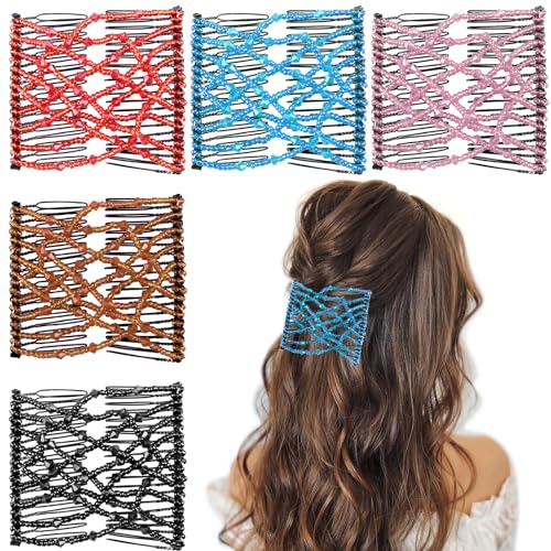 5 Pieces Stretchy Beaded Hair Accessories - Adjustable Elastic Clips, No Crease Pins for Curly Thick Wavy Hair Ponytails, Vintage Bun Makers for Women and Girls - color: Black,Red,Brown,Pink,Blue