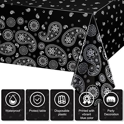 Western Party Tablecloth Paisley Table Cover Bandana Plastic Table Cloth Rectangle Floral Tablecloth for Western Cowboy Themed Party Decorations, 108 X 54 Inches (Black, 3 Pack) - color: Black