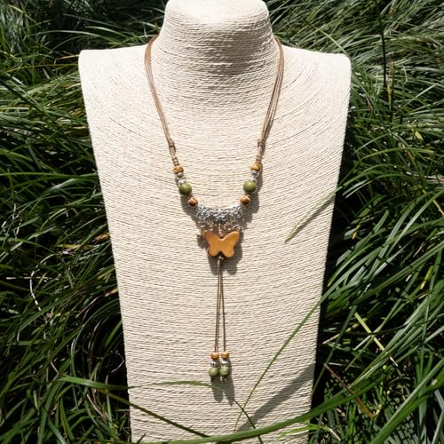 Boho Colorful Ceramic Bead Necklace for Women, Butterfly Pendant Necklace, Handmade Bohemian Statement Jewelry Gifts for Mom - color: Multi-Y