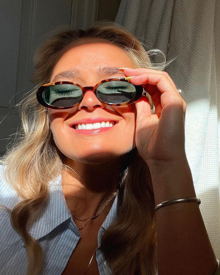90s Sunglasses for Women Men Retro Small Oval Sunglasses - color: Tortoise Shell Frame - Teal Green Lens