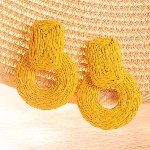 Statement Raffia Earrings Cute Boho Earrings Rattan Dangle Earrings Handmade Straw Wrap Earrings Summer Drop Dangling Earrings for Women Teen Girls - color: Yellow